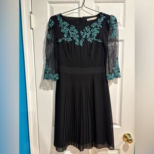 Karen Millen silk midi dress black blue embroidery pleats sz 8 new NWT